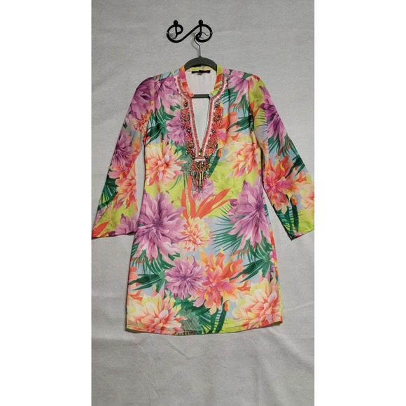 Boston Proper Dresses & Skirts - Multicolored Floral Print/Beads & Crystal Trim Ls Short Boston Proper Dress XS